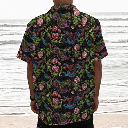 Chinese Dragon Flower Pattern Print Textured Short Sleeve Shirt