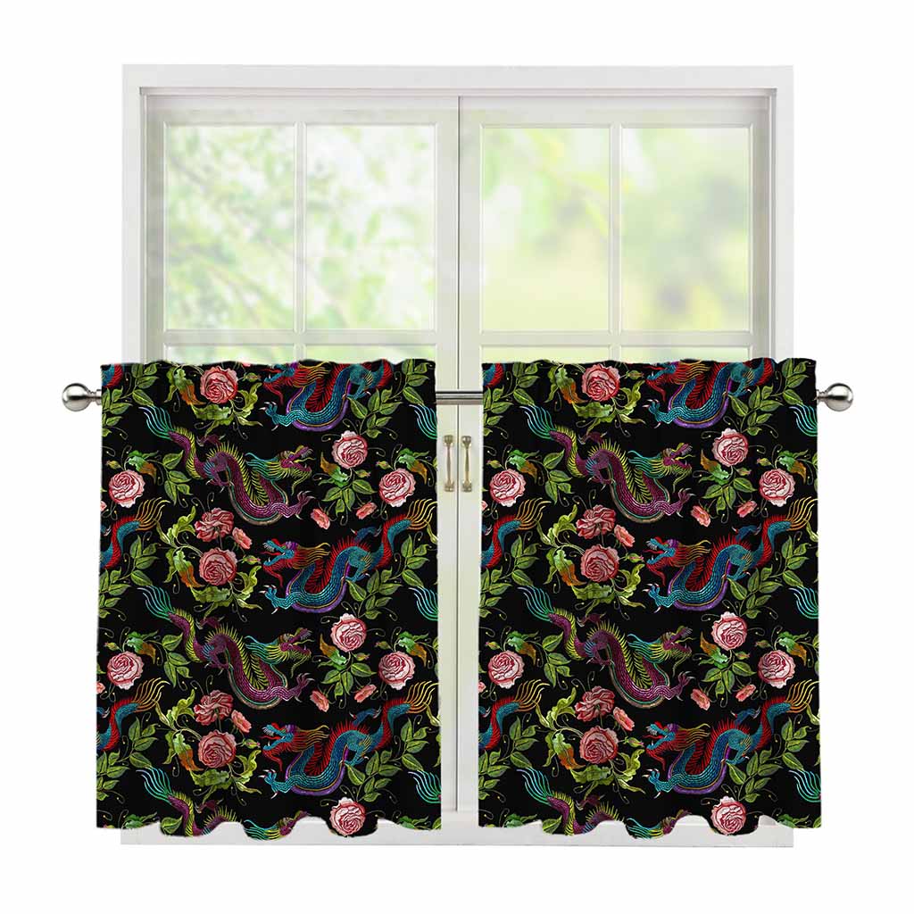 Chinese Dragon Flower Pattern Print Tier Curtains