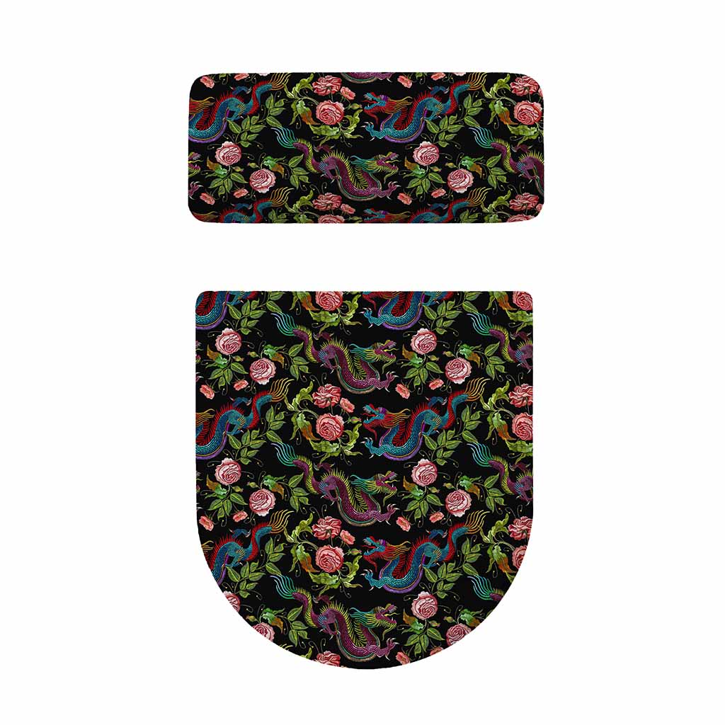 Chinese Dragon Flower Pattern Print Toilet Lid And Tank Cover Set