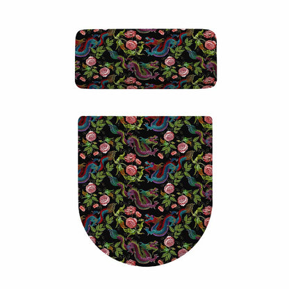 Chinese Dragon Flower Pattern Print Toilet Lid And Tank Cover Set