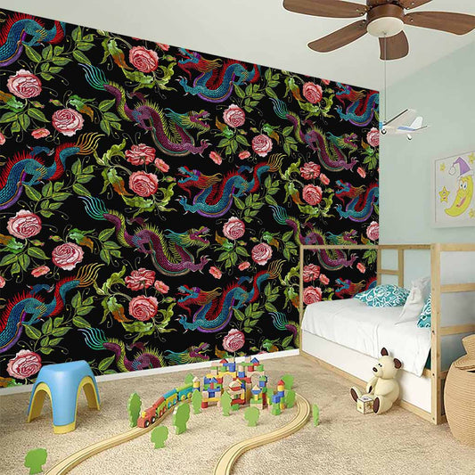 Chinese Dragon Flower Pattern Print Wall Sticker