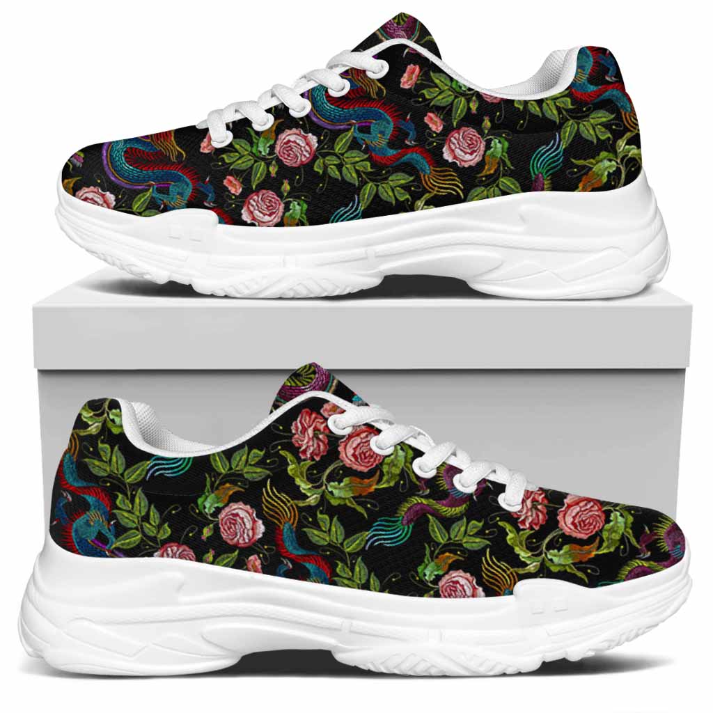 Chinese Dragon Flower Pattern Print White Chunky Shoes