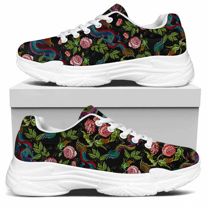Chinese Dragon Flower Pattern Print White Chunky Shoes