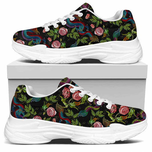 Chinese Dragon Flower Pattern Print White Chunky Shoes