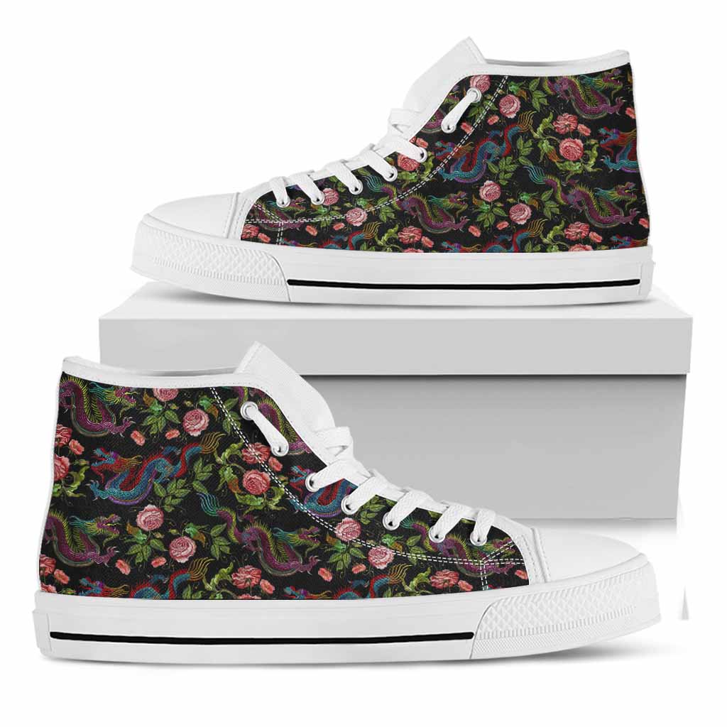 Chinese Dragon Flower Pattern Print White High Top Sneakers