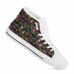 Chinese Dragon Flower Pattern Print White High Top Sneakers