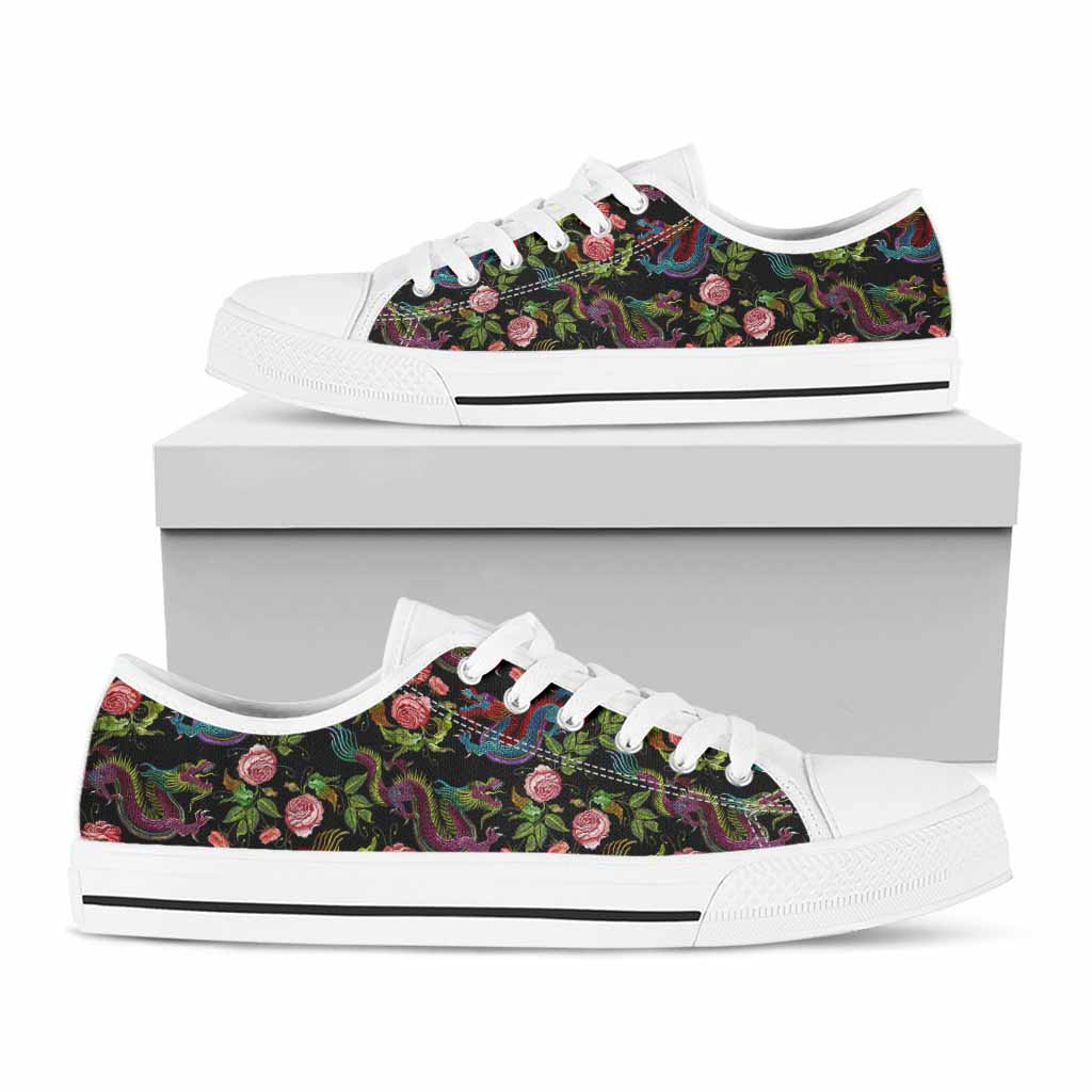 Chinese Dragon Flower Pattern Print White Low Top Sneakers