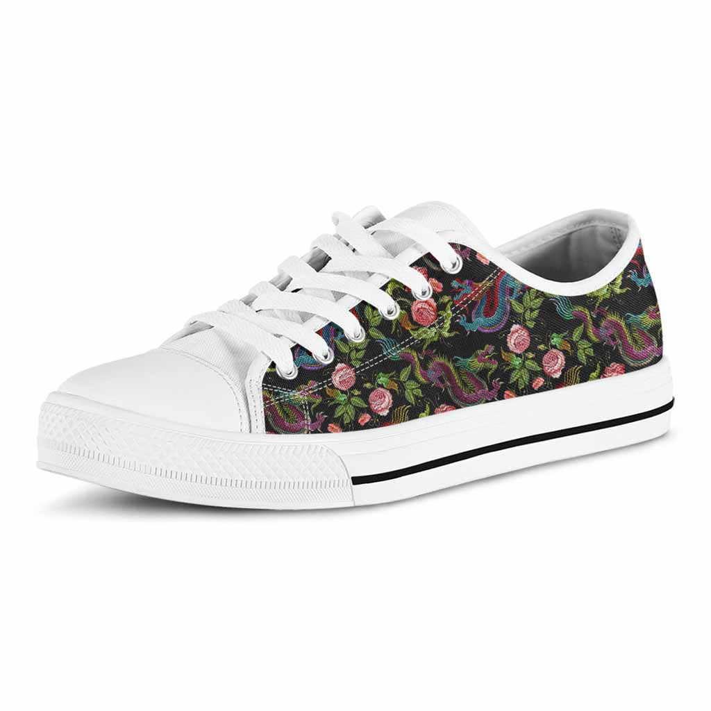 Chinese Dragon Flower Pattern Print White Low Top Sneakers