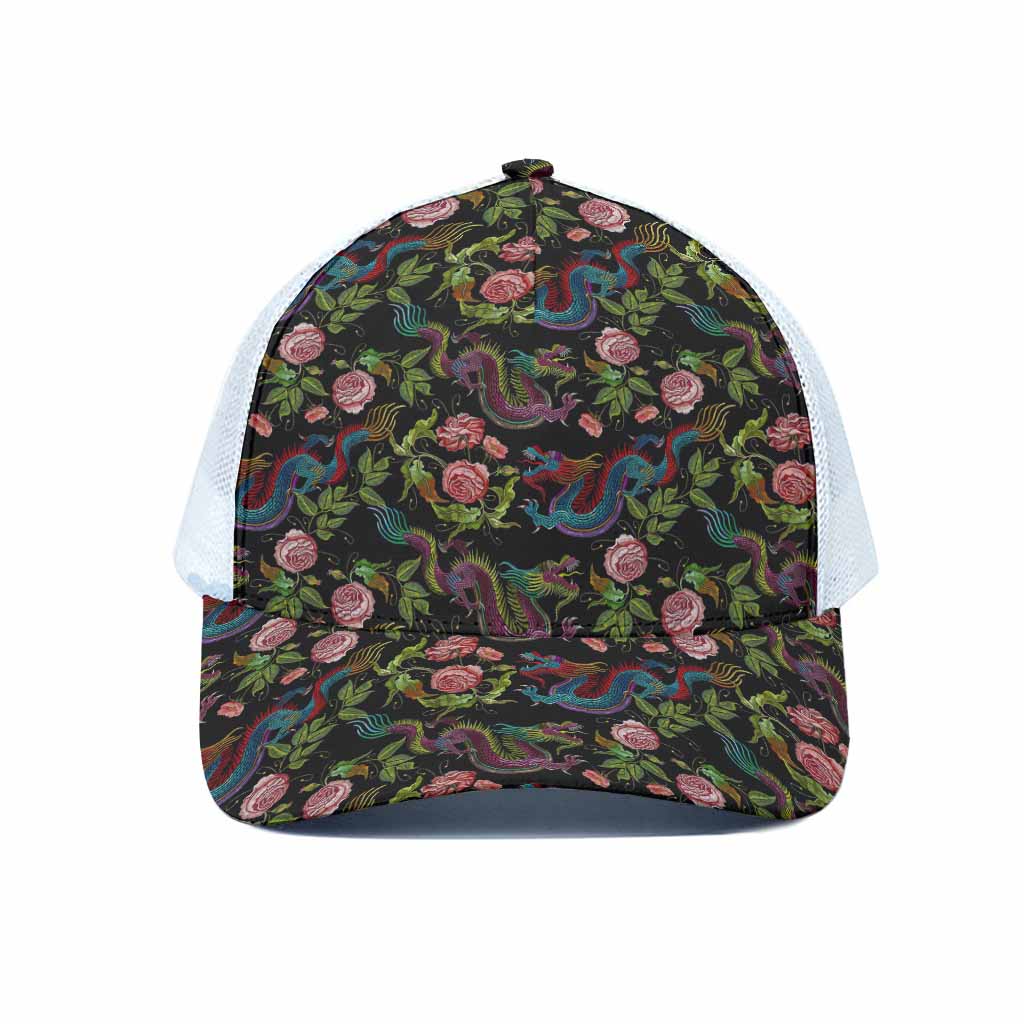 Chinese Dragon Flower Pattern Print White Mesh Trucker Cap