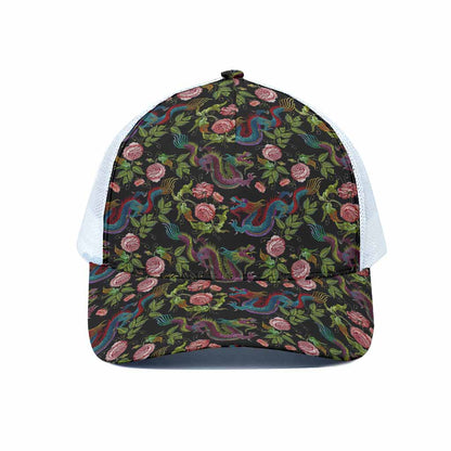 Chinese Dragon Flower Pattern Print White Mesh Trucker Cap