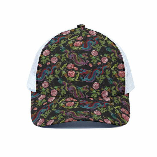 Chinese Dragon Flower Pattern Print White Mesh Trucker Cap