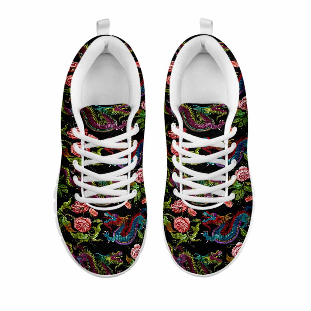 Chinese Dragon Flower Pattern Print White Running Shoes