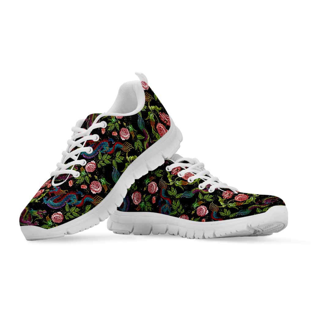 Chinese Dragon Flower Pattern Print White Running Shoes