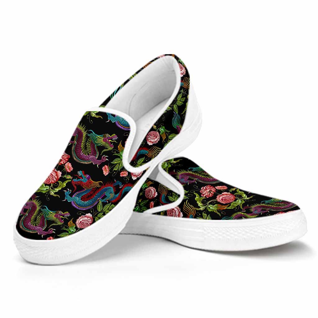 Chinese Dragon Flower Pattern Print White Slip On Sneakers