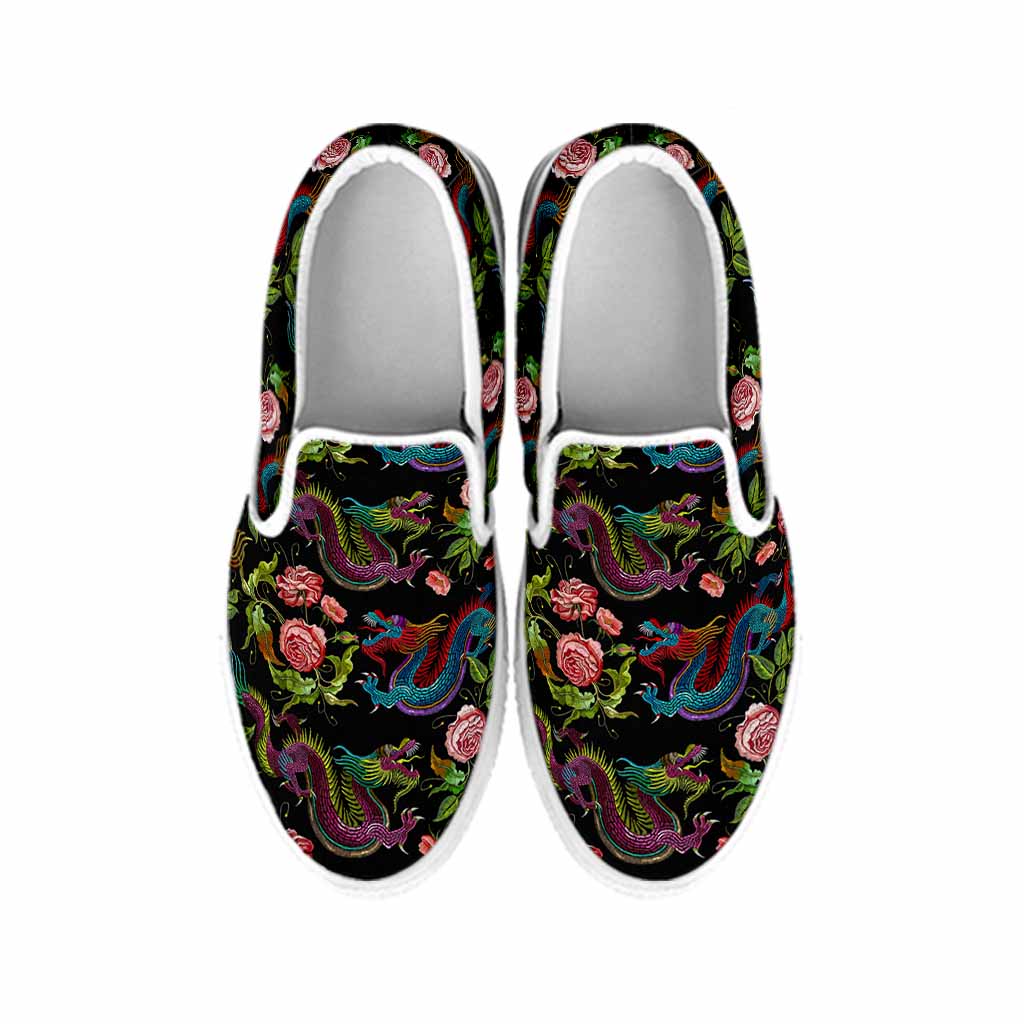 Chinese Dragon Flower Pattern Print White Slip On Sneakers