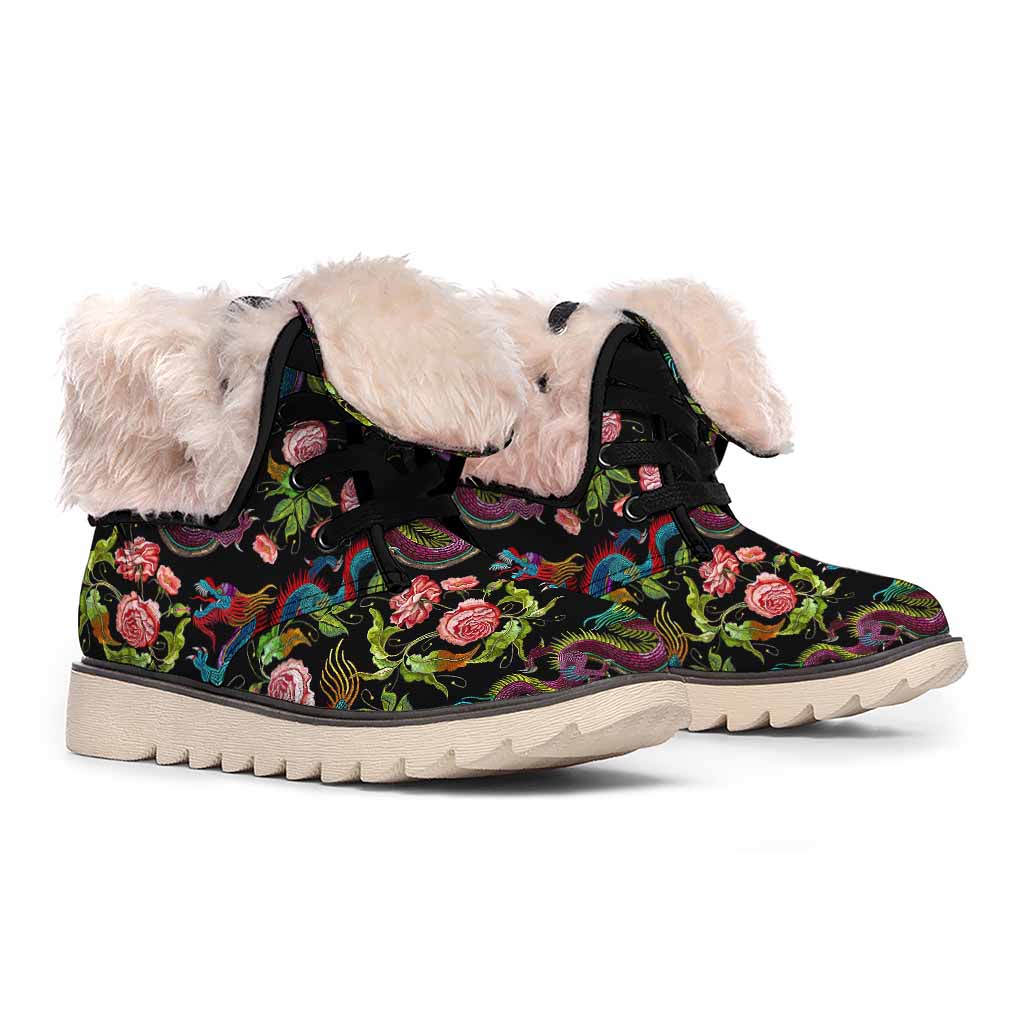 Chinese Dragon Flower Pattern Print Winter Boots