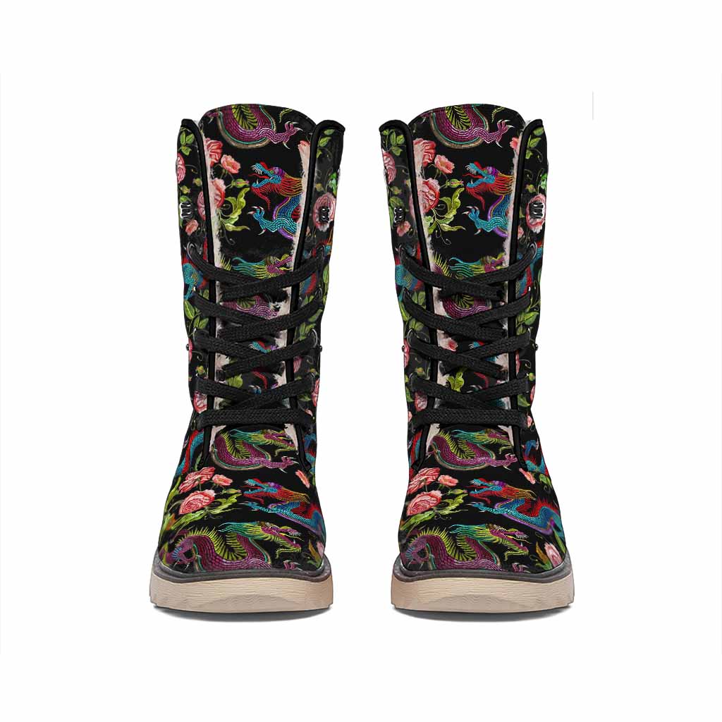 Chinese Dragon Flower Pattern Print Winter Boots