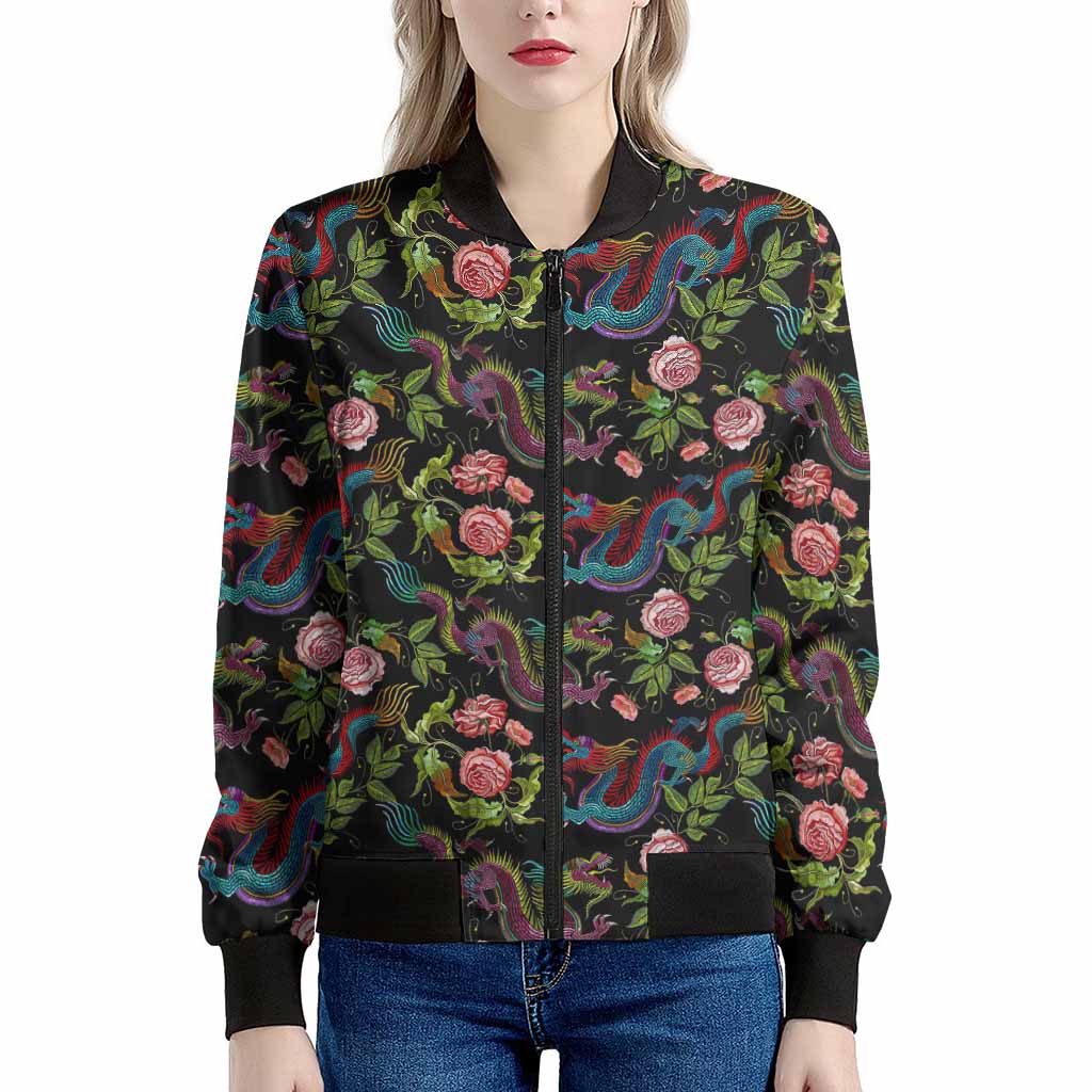 Chinese Dragon Flower Pattern Print Women's Bomber Jacket