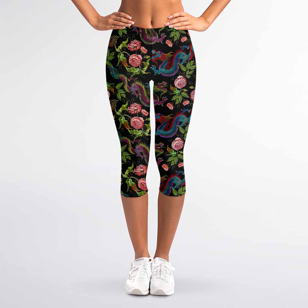 Chinese Dragon Flower Pattern Print Women's Capri Leggings