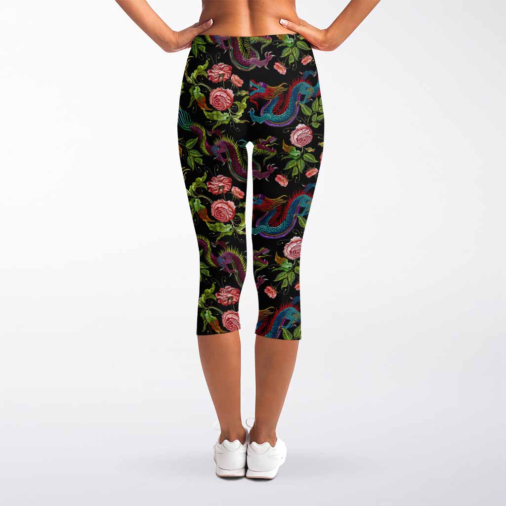 Chinese Dragon Flower Pattern Print Women's Capri Leggings