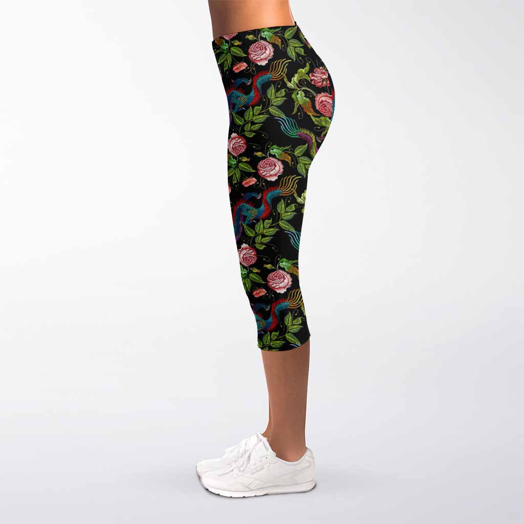 Chinese Dragon Flower Pattern Print Women's Capri Leggings