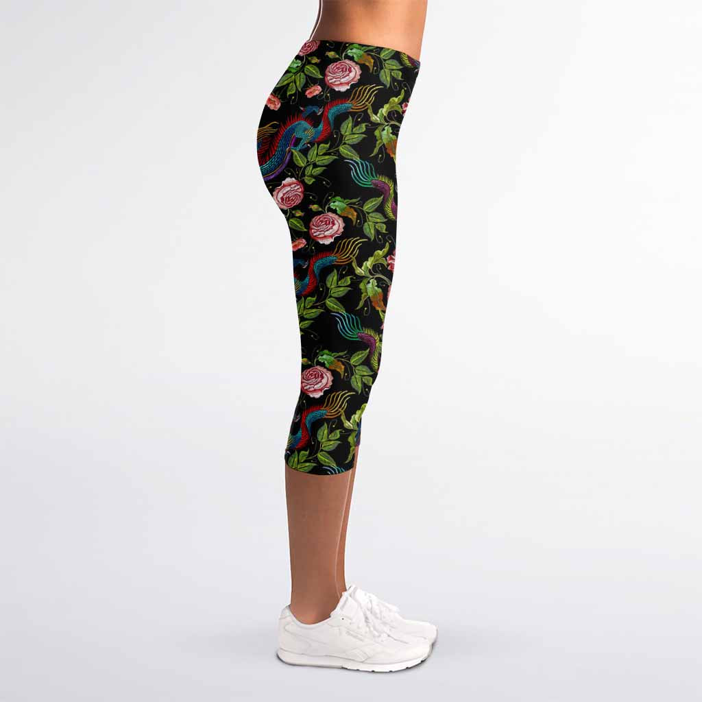 Chinese Dragon Flower Pattern Print Women's Capri Leggings