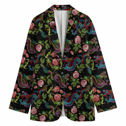 Chinese Dragon Flower Pattern Print Women's Cotton Blazer
