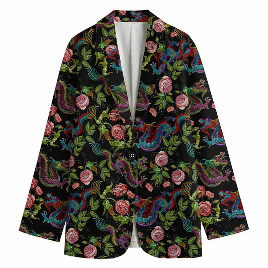 Chinese Dragon Flower Pattern Print Women's Cotton Blazer
