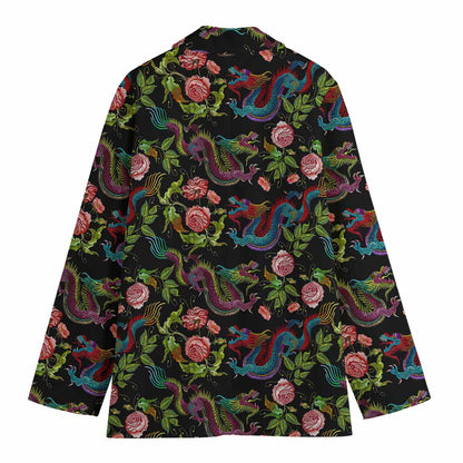 Chinese Dragon Flower Pattern Print Women's Cotton Blazer