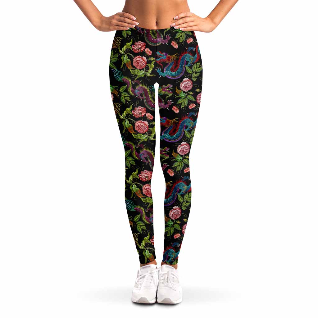 Chinese Dragon Flower Pattern Print Women's Leggings