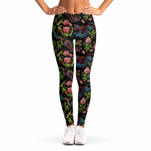 Chinese Dragon Flower Pattern Print Women's Leggings