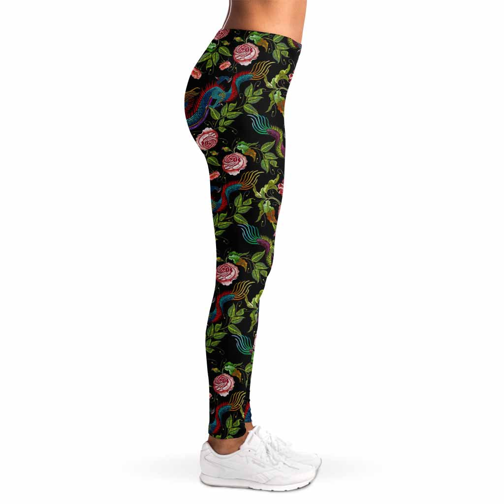 Chinese Dragon Flower Pattern Print Women's Leggings