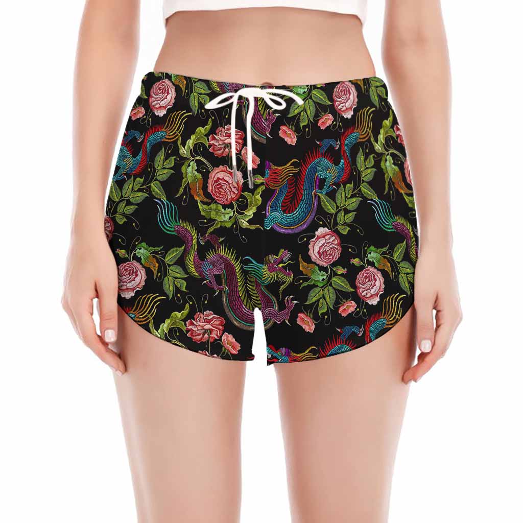 Chinese Dragon Flower Pattern Print Women's Split Running Shorts
