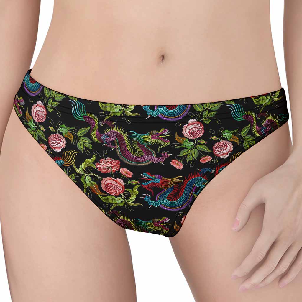 Chinese Dragon Flower Pattern Print Women's Thong