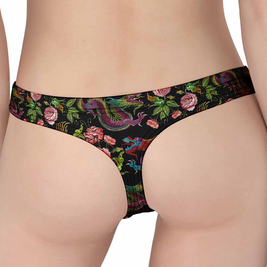 Chinese Dragon Flower Pattern Print Women's Thong