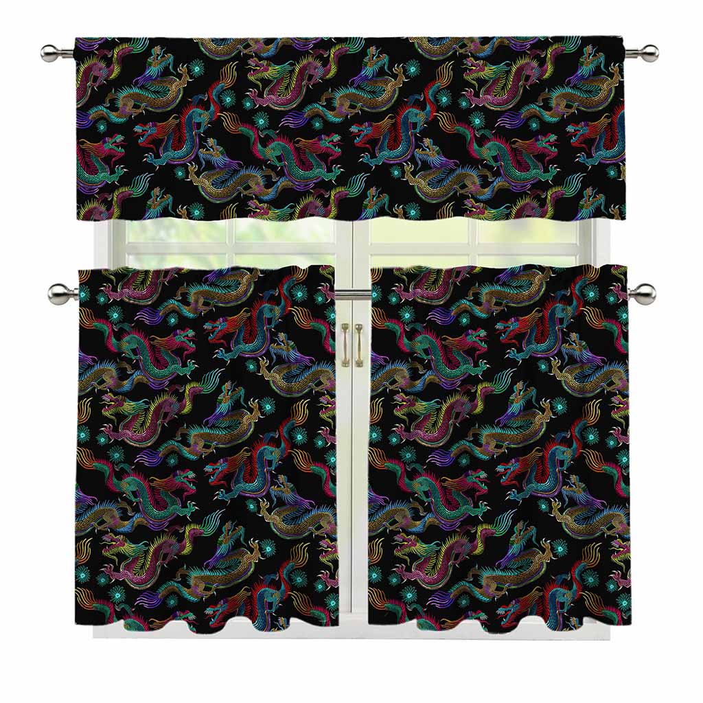 Chinese Dragon Pattern Print 3 Piece Kitchen Curtains