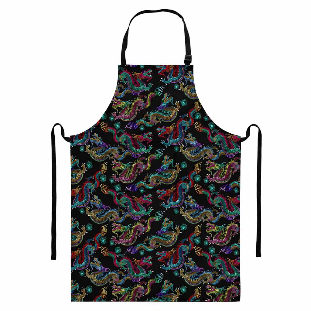 Chinese Dragon Pattern Print Bib Apron With Pocket