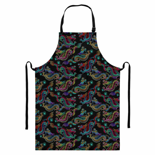 Chinese Dragon Pattern Print Bib Apron With Pocket