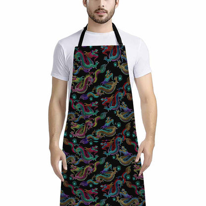 Chinese Dragon Pattern Print Bib Apron With Pocket