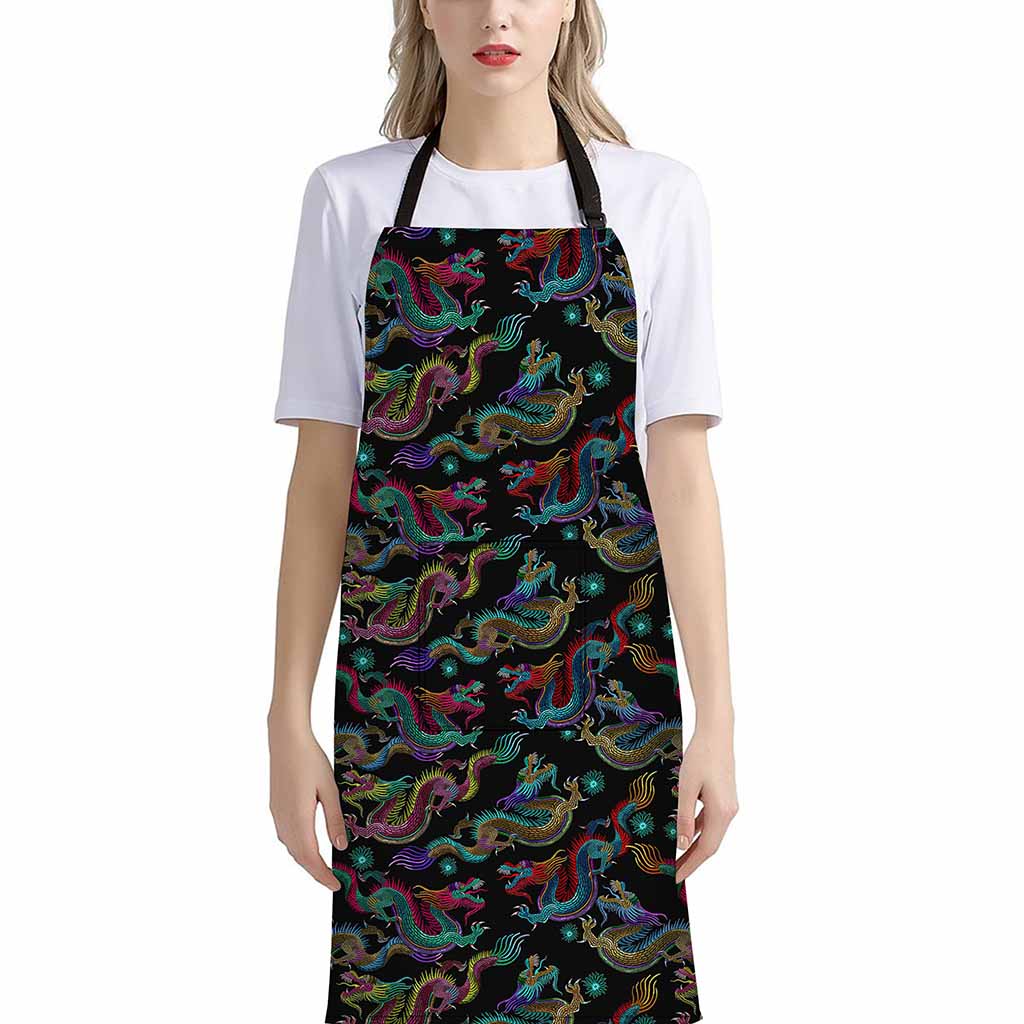 Chinese Dragon Pattern Print Bib Apron With Pocket