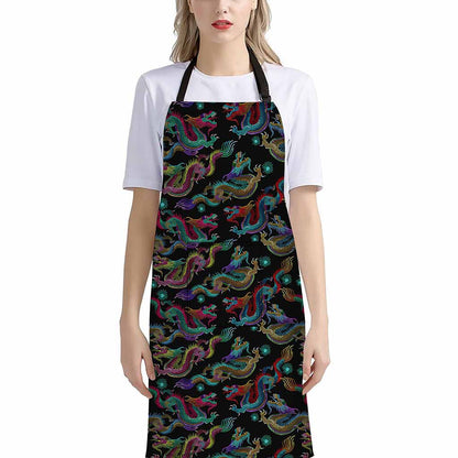 Chinese Dragon Pattern Print Bib Apron With Pocket