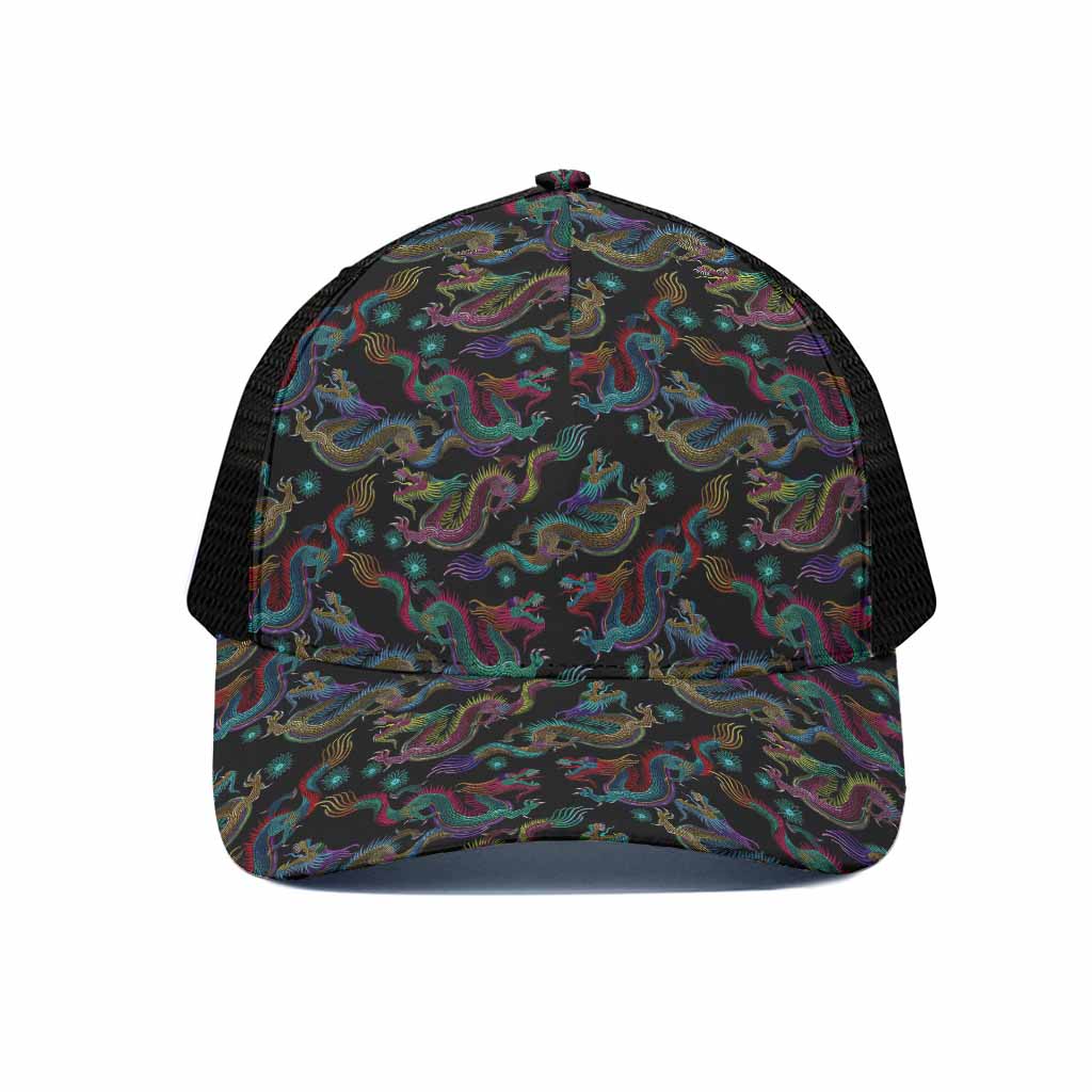 Chinese Dragon Pattern Print Black Mesh Trucker Cap
