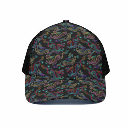 Chinese Dragon Pattern Print Black Mesh Trucker Cap