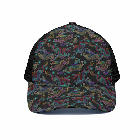 Chinese Dragon Pattern Print Black Mesh Trucker Cap