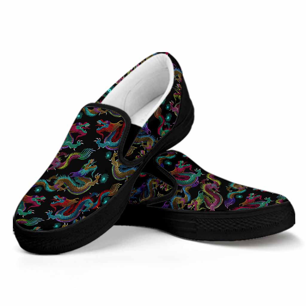 Chinese Dragon Pattern Print Black Slip On Sneakers