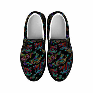 Chinese Dragon Pattern Print Black Slip On Sneakers