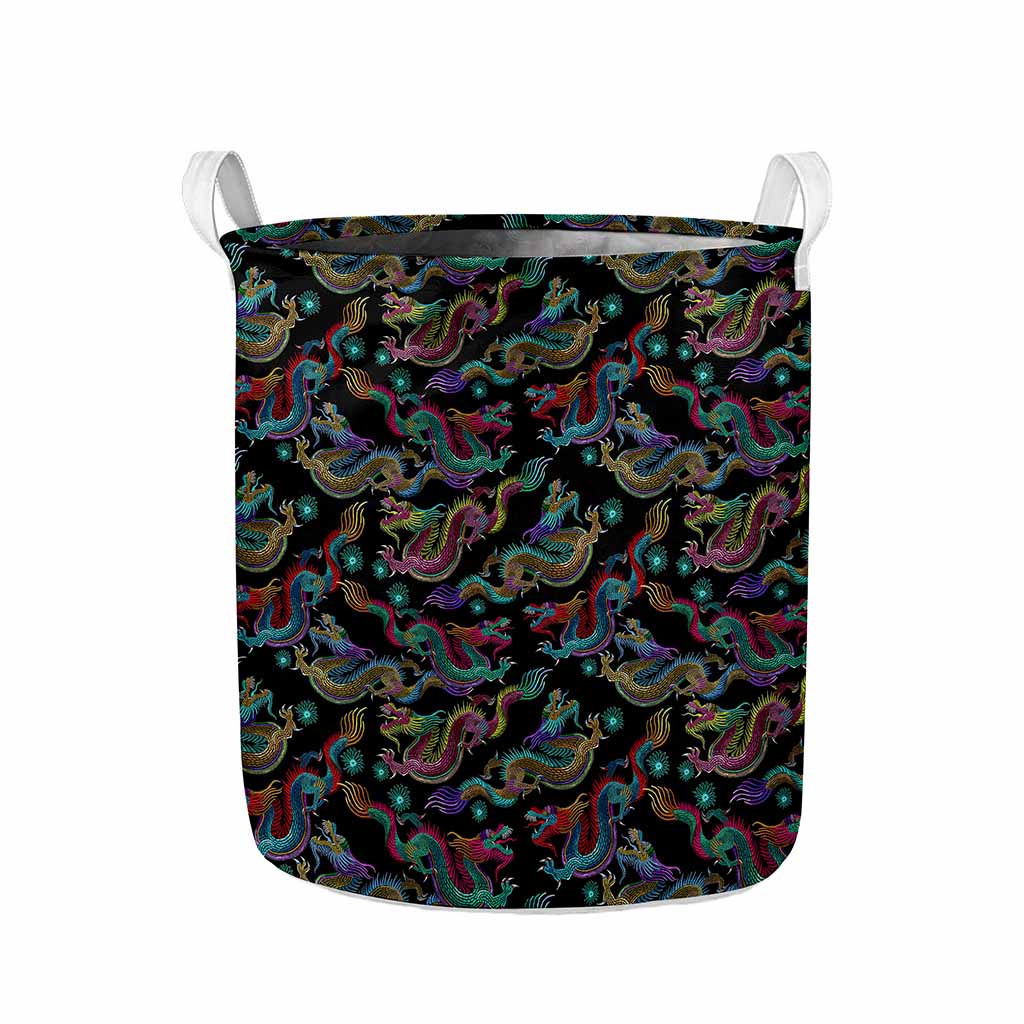 Chinese Dragon Pattern Print Collapsible Laundry Basket