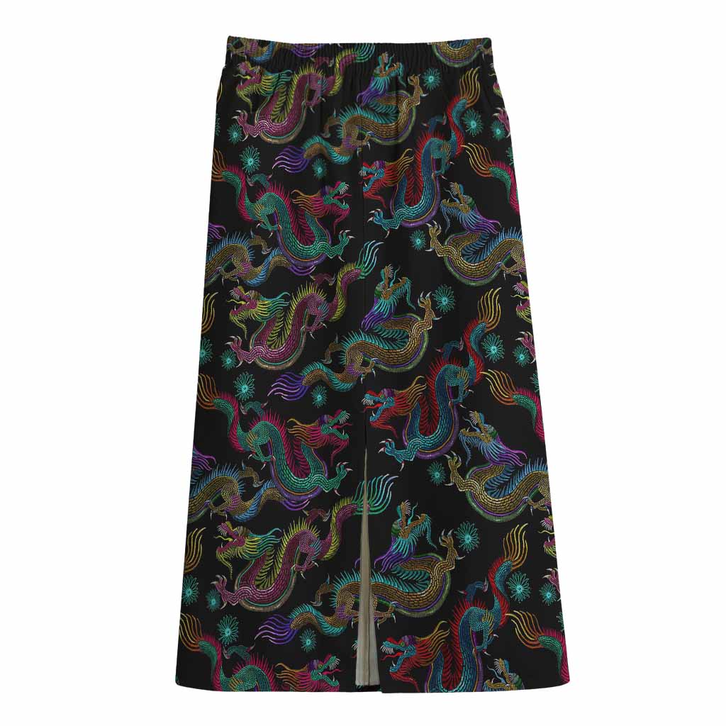 Chinese Dragon Pattern Print Cotton Front Slit Maxi Skirt