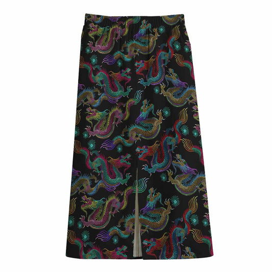 Chinese Dragon Pattern Print Cotton Front Slit Maxi Skirt