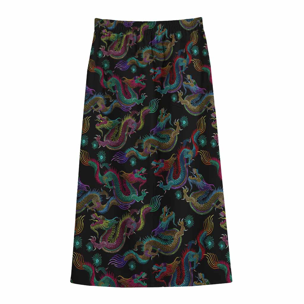 Chinese Dragon Pattern Print Cotton Front Slit Maxi Skirt